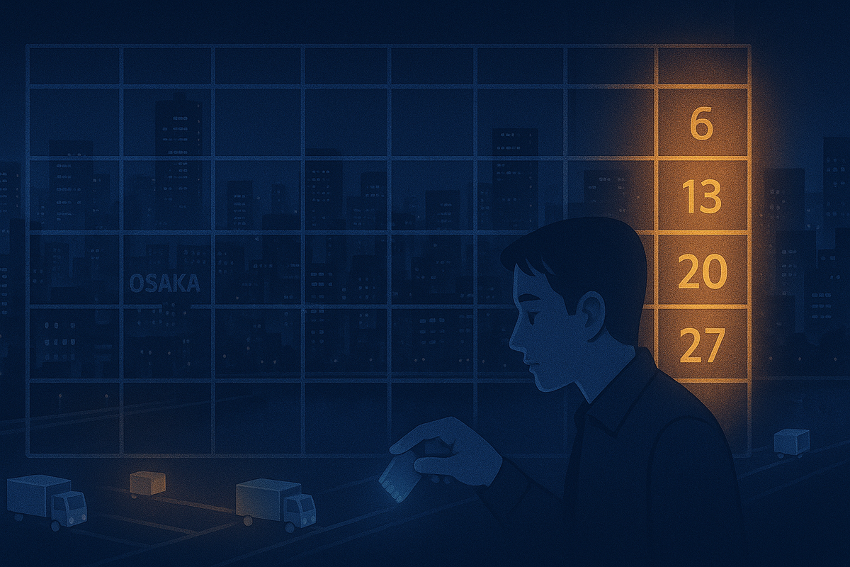 Nighttime Osaka skyline behind a giant wall calendar, specific weekend dates glowing orange while tiny delivery trucks move toward the city—data-driven yet hopeful visualization of Yodobashi Umeda Switch2 restock patterns by day and timing