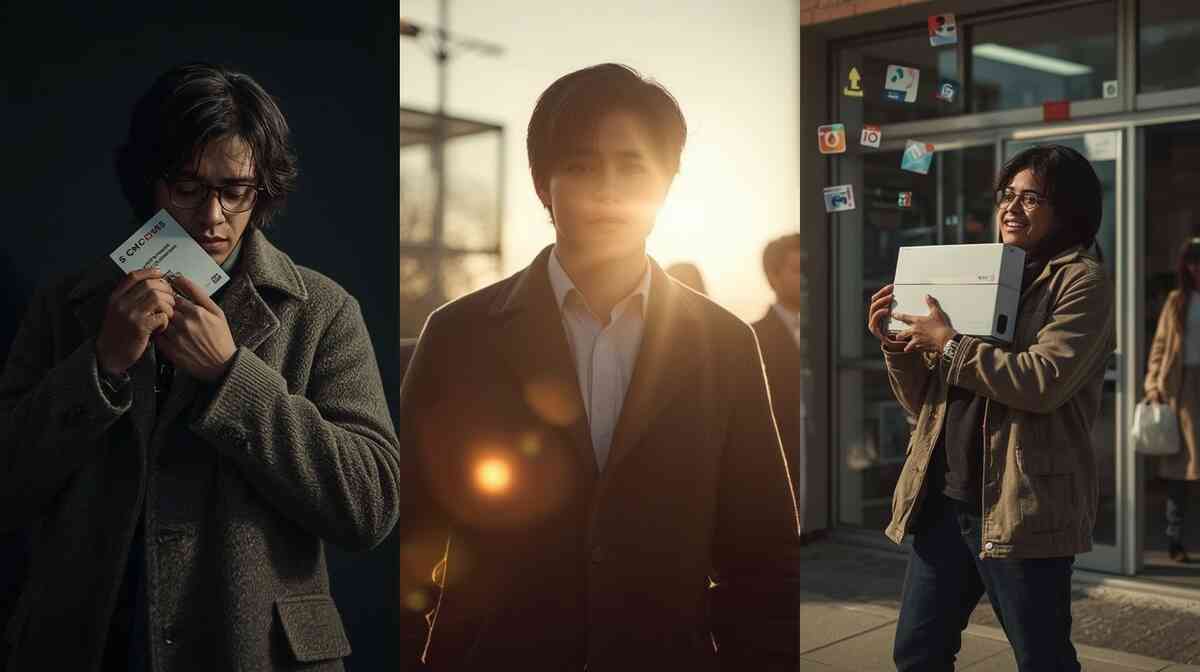 Emotional three-panel story: on the left a nervous gamer clutching a lottery ticket in the dark, in the middle calm determination in sunrise light, on the right pure joy hugging a new console outside the store with SNS icons floating around—realistic before-after journey of finally winning a Switch2 at Yodobashi Umeda