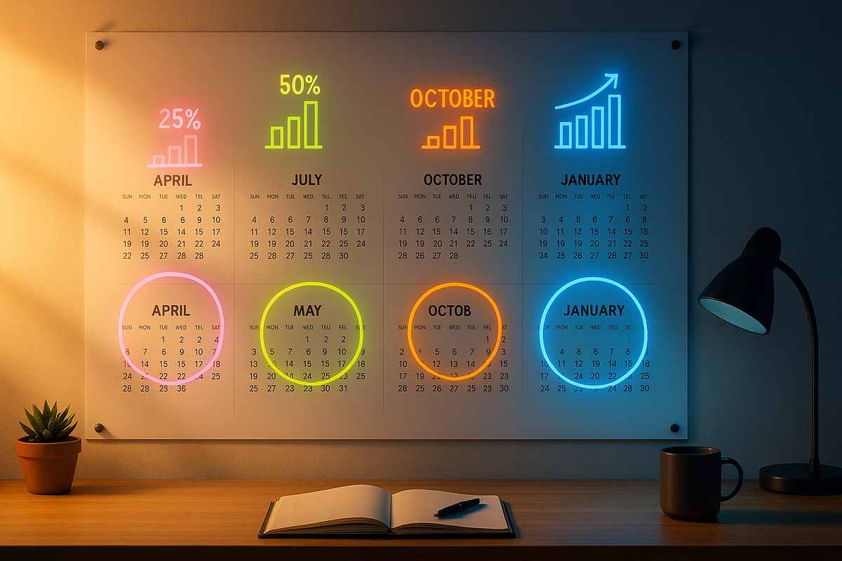 Wall calendar above a cozy desk with four neon-highlighted months and rising bar charts—yearly Apple gift card campaign schedule, best timing map for maximum cashback joy