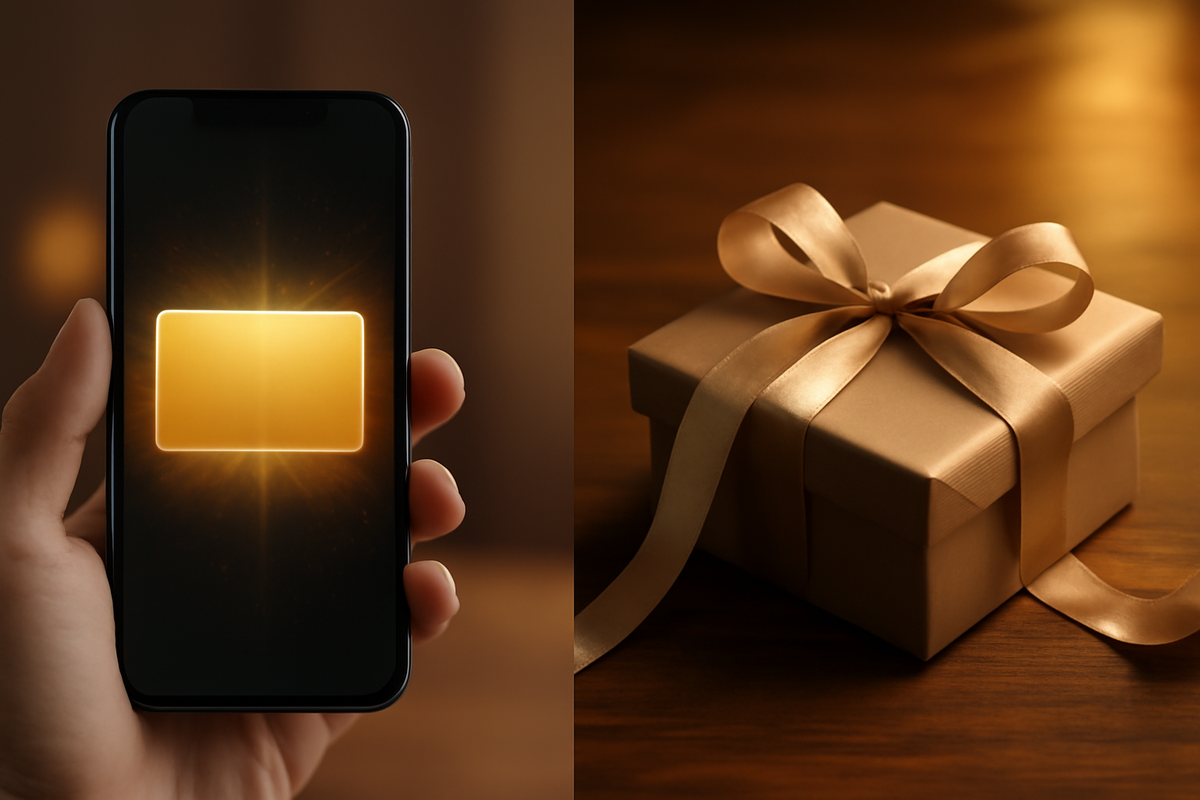 Split image: phone showing a radiant digital card on the left, elegant ribbon-wrapped gift box on the right—emotional choice between instant self-charge and luxurious present-style Apple gift card
