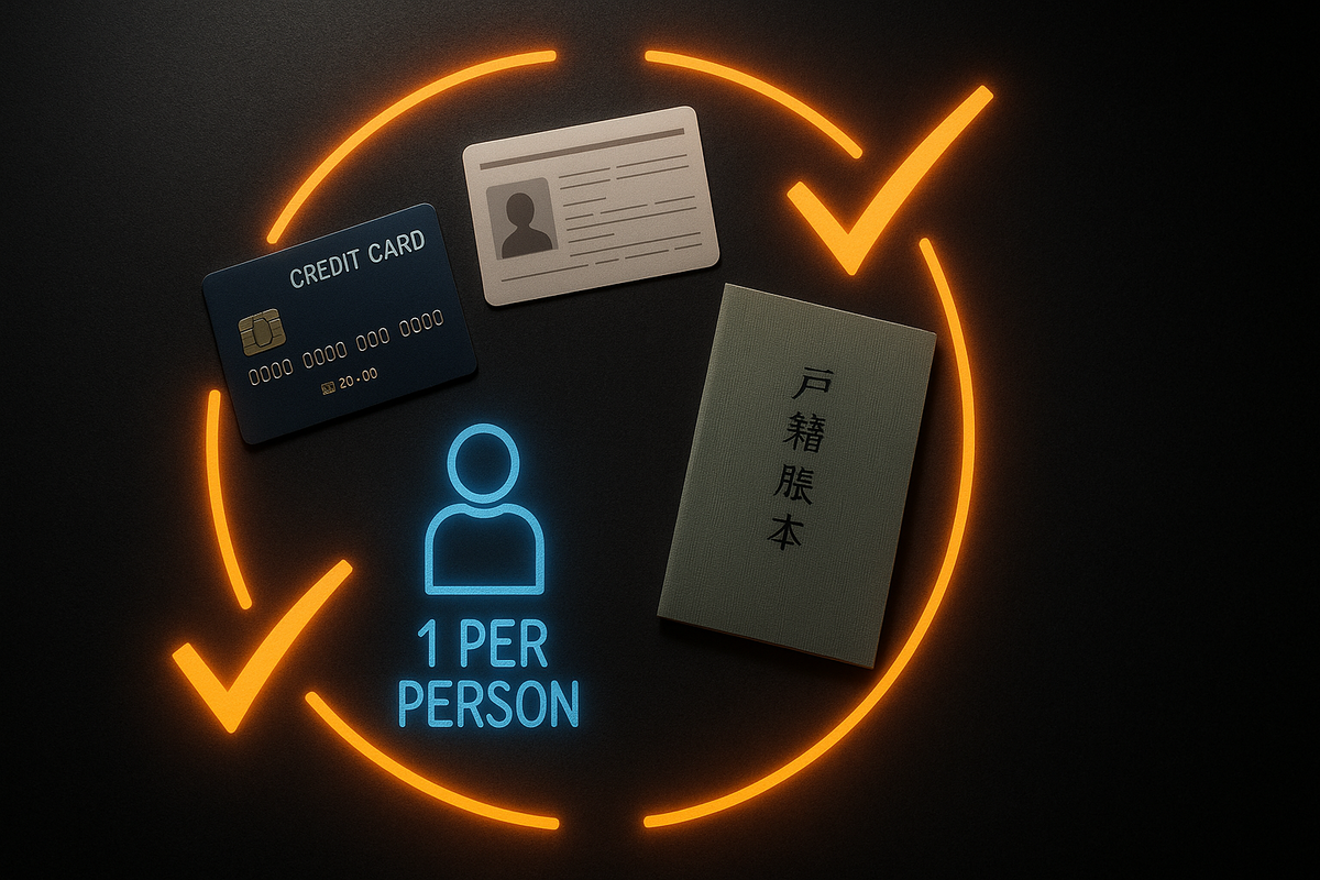 Credit card, ID, Japanese family register and “1 per person” icon encircled by glowing checkmarks—strict Aeon purchase rules, anti-resale shield, no-excuses preparation energy