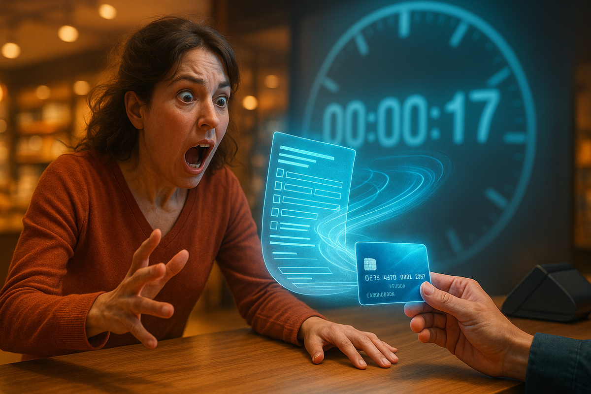 Shocked woman at service counter as holographic application and card swirl toward her, giant countdown clock behind—last-minute Aeon card approval, desperate but thrilling save