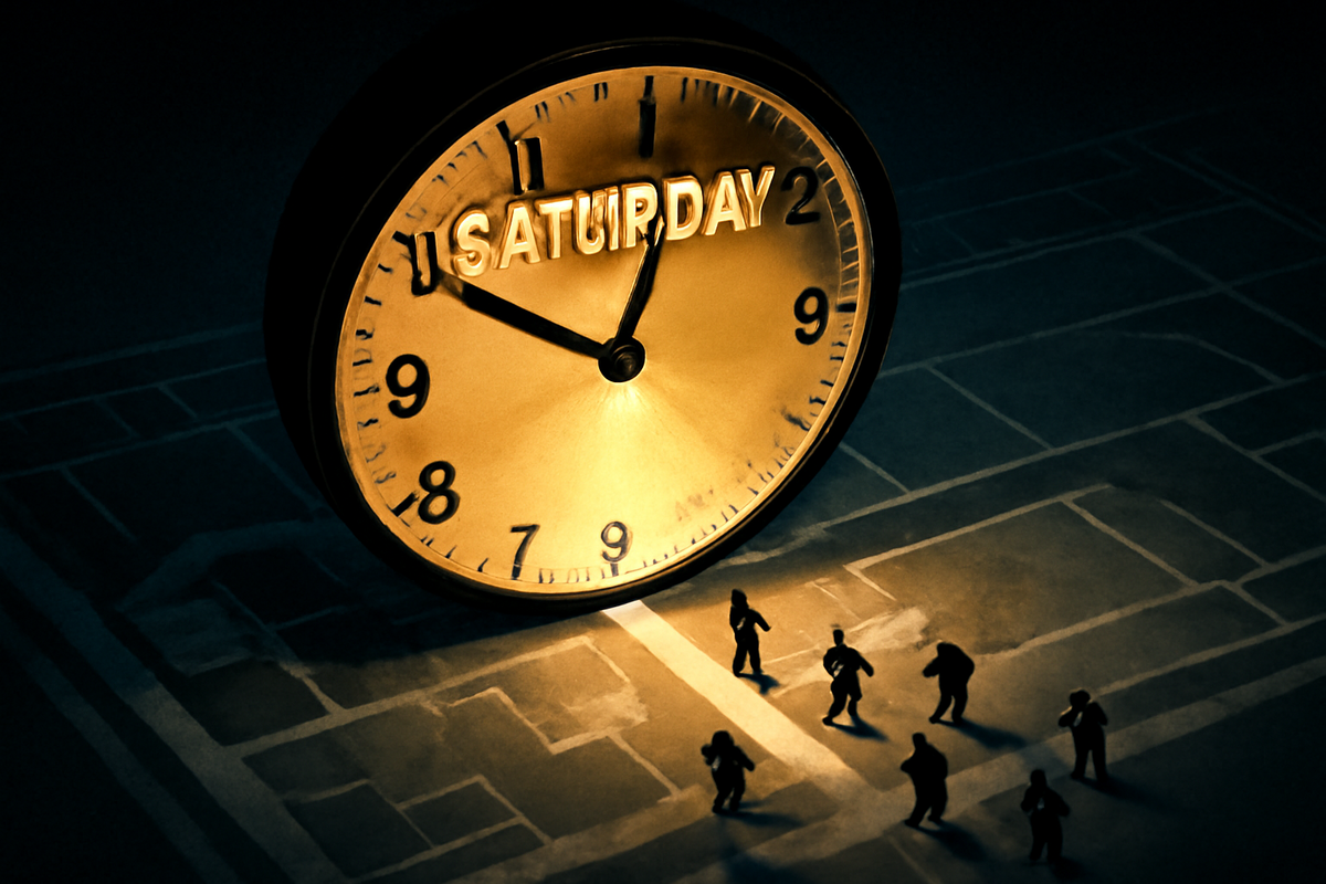 Huge golden clock stamped SATURDAY casting light on tiny shoppers over a mall map—data-driven “Saturday morning rule,” perfect timing to grab scarce Switch2 stock