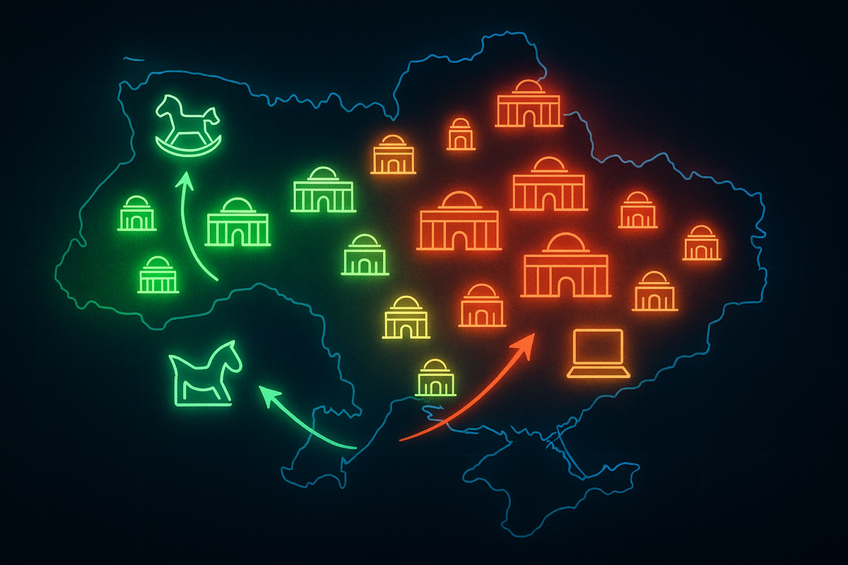 Neon Japan-style map split green to red, mall and toy icons glowing, arrows pointing toward calmer regions—spotting hidden Aeon countryside stores where competition melts away