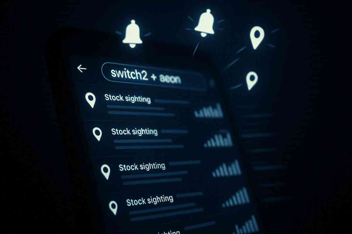 Dark-mode smartphone showing “switch2 + aeon” search, stock sighting list, ringing bell and map-pin icons—X real-time alerts, obsessive monitoring to catch the next restock wave