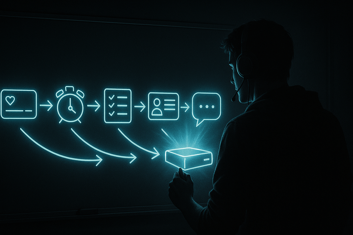 Gamer in a headset studying a neon flowchart—card → alarm → checklist → ID → chat bubbles—all arrows converging on a shining console box, calm step-by-step strategy energy