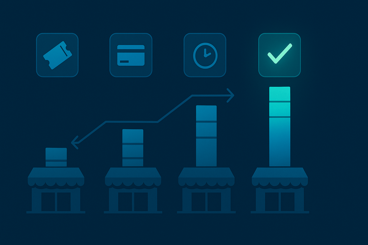 Four store icons with rising success bars and tiny ticket/card/clock icons above—clear comparison of purchase conditions, visual ladder of which retailer actually gives you the best shot