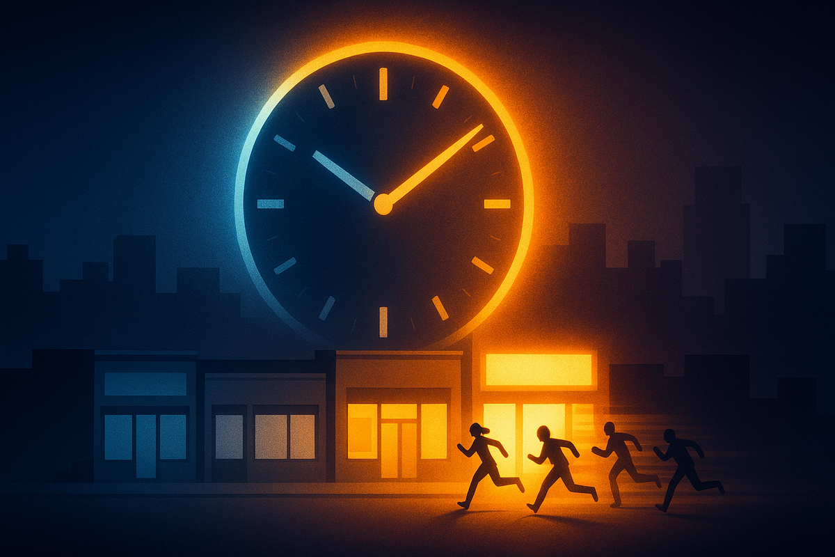 Huge glowing clock hanging over a row of dark shops while silhouettes sprint toward the one bright storefront—time-attack race to reach the Switch2 drop before doors open