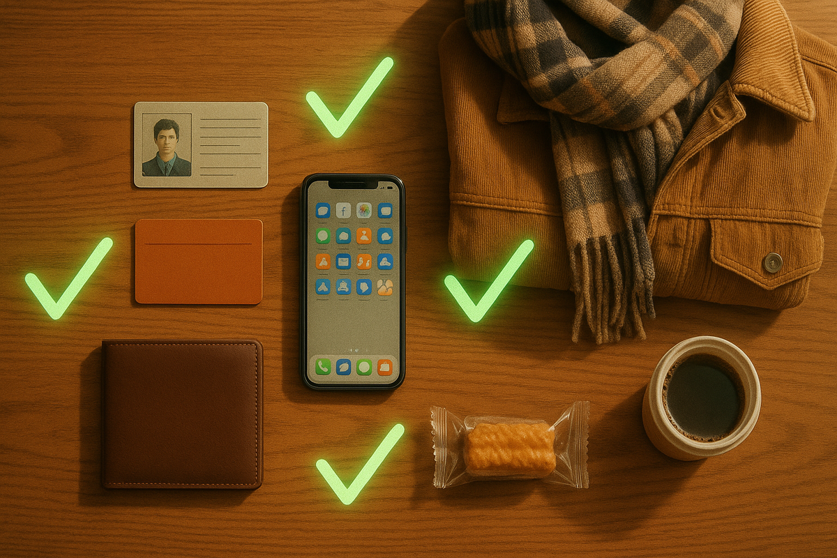 Flat-lay of ID card, wallet, point card, smartphone, warm jacket, scarf, snack, and coffee on a wooden table—everything checked in neon green before braving the cold console line
