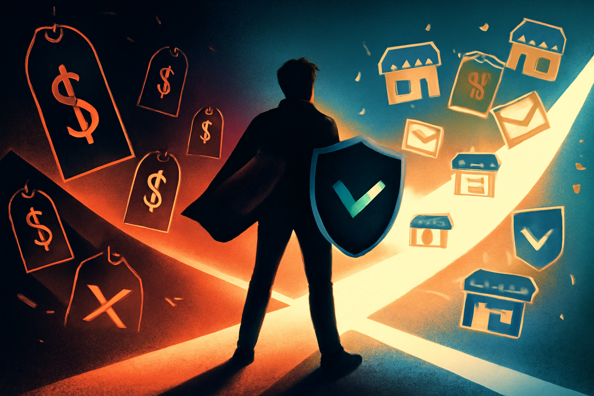 Hero shopper at a crossroads holding a shield with a checkmark—on one side aggressive price tags and traps, on the other safe stores and fair offers—epic decision to dodge scalpers and win at retail