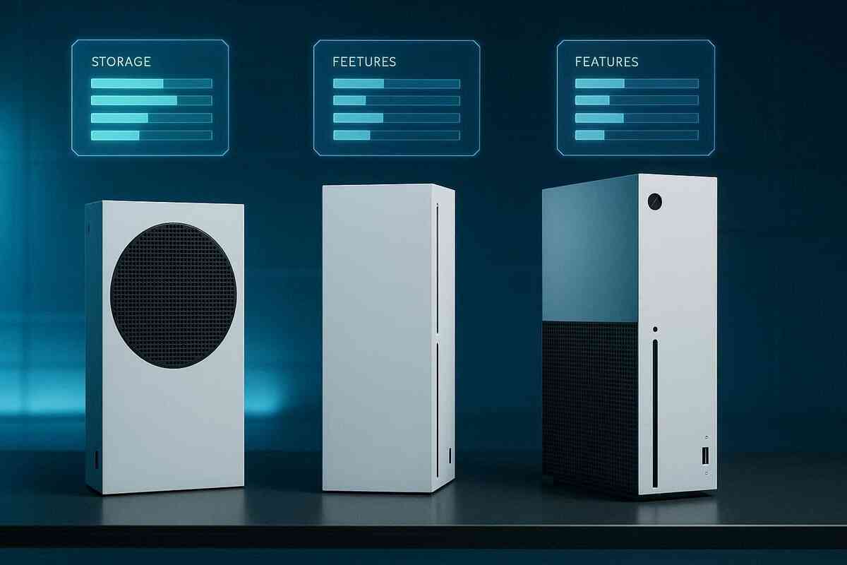 Three minimalist white game consoles lined up under floating stat bars—storage and features comparison, calm blue tech mood, helping you choose the right PS5 digital model with confidence  
