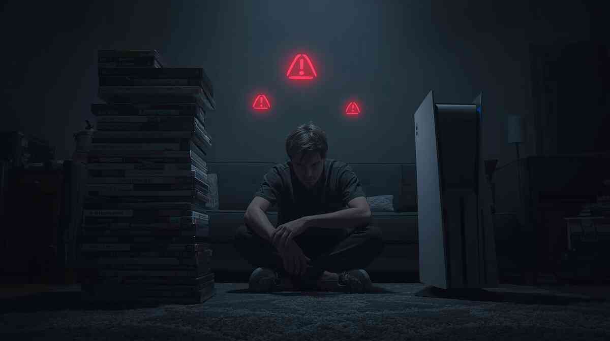 Gamer sitting in a dark room between a towering stack of disc games and a disc-less console—red warning icons glowing overhead, heavy regret and “I bought the wrong edition” frustration  