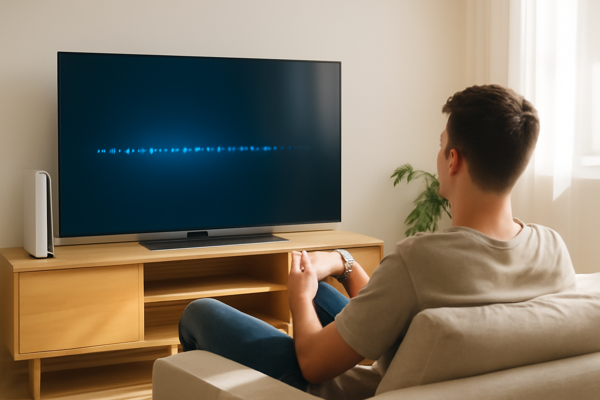Bright cozy living room with a slim digital console beside a big TV—player relaxing on the sofa streaming content, clean cables, stress-free minimalist setup that feels modern and future-proof  