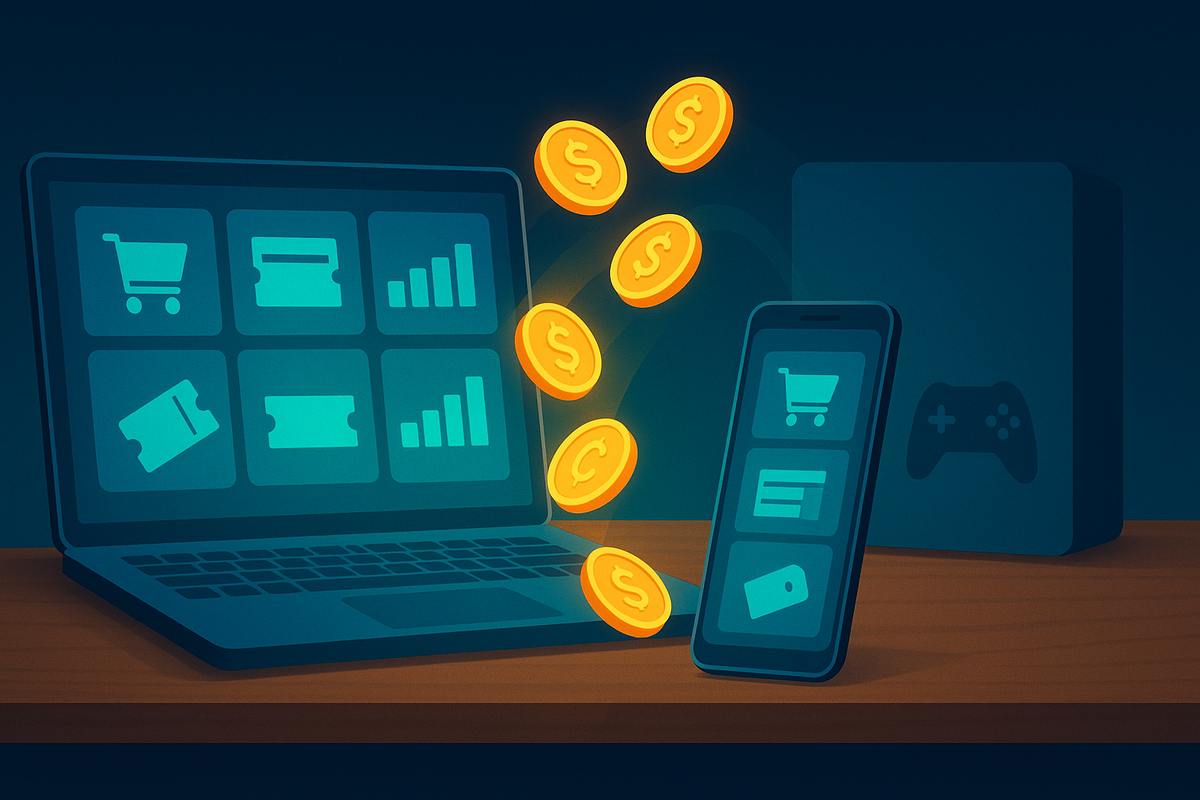 Cartoon-style laptop and smartphone dashboards with shopping icons as golden coins pour between them toward a console—cashback, points and campaign bonuses visualized as joyful flowing savings  