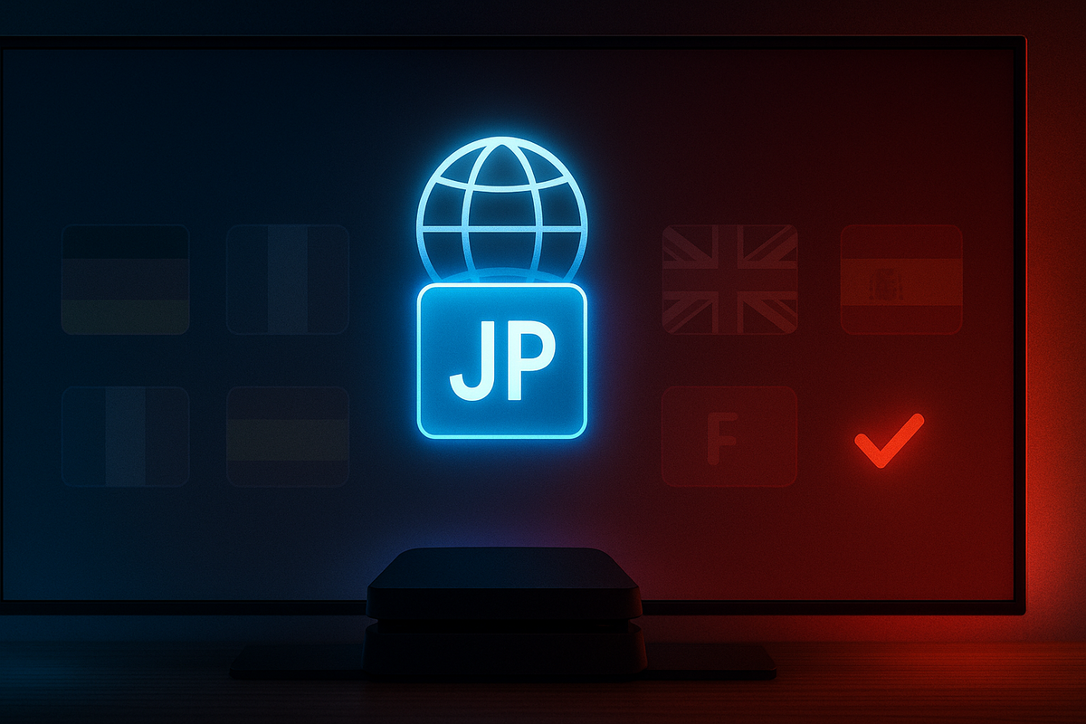 Neon JP language icon glowing on a TV setup screen beside dimmed foreign flags—Japanese-only digital edition vibes,安心感 and slight limitation tension, clearly showing who this PS5 model is made for  