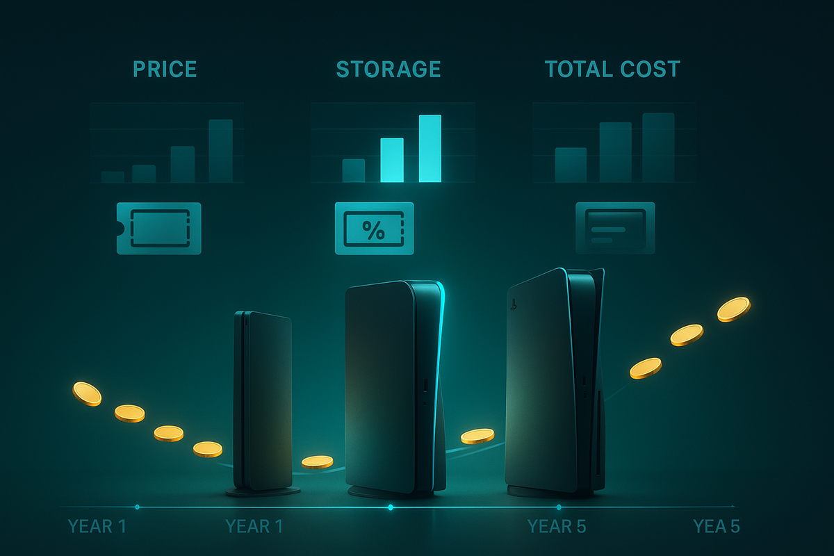 Neon teal comparison scene with three sleek PS5-style consoles lined up under “Price / Storage / Total Cost” charts, golden coins drifting along a five-year timeline—smart long-term cost analysis, calm money-saving energy  