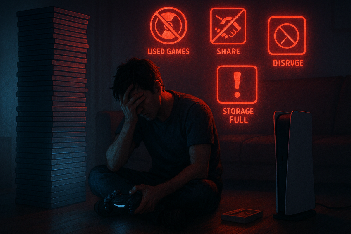 Moody living room at night, gamer sitting on the floor with head in hands between a towering stack of disc games and a disc-less PS5-style console, red neon icons warning “used games,” “share,” and “storage full”—raw regret, digital edition buyer’s nightmare  