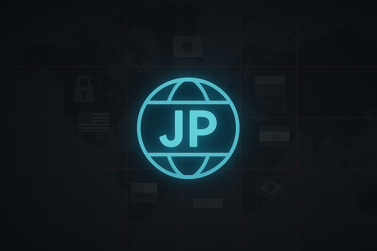 Dark world map background with a bright cyan “JP” globe icon glowing at the center, other country flags and a subtle padlock fading into the shadows—Japan-only PS5 digital edition region lock explained, focused but slightly risky feeling  