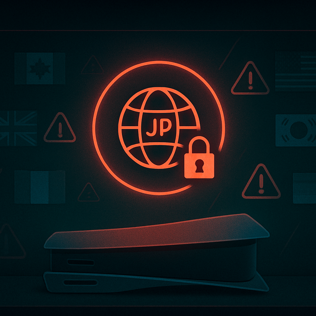 Red warning glow over a JP globe icon with a padlock above a slim white console—region-locked Japan-only PS5 digital edition, overseas use risks, and anxious caution about hidden restrictions