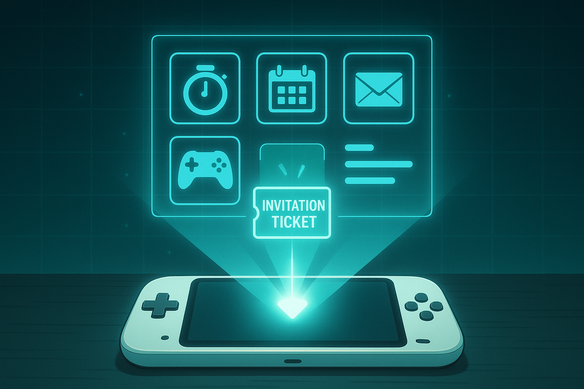 Neon invitation ticket beaming out of a handheld console screen—playtime, calendar, mail, and account icons floating above—visualising My Nintendo–style Switch2 invite system, hopeful golden-ticket feeling