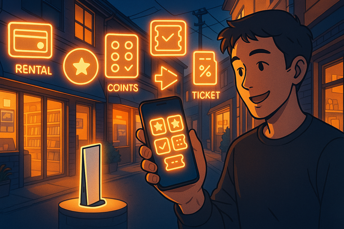 Smiling player in a warm night street checking a glowing app filled with stars, stamps, and tickets while a console shines beside him—GEO/TSUTAYA-style points and coupons turning into Switch2 lottery entries, cozy excitement