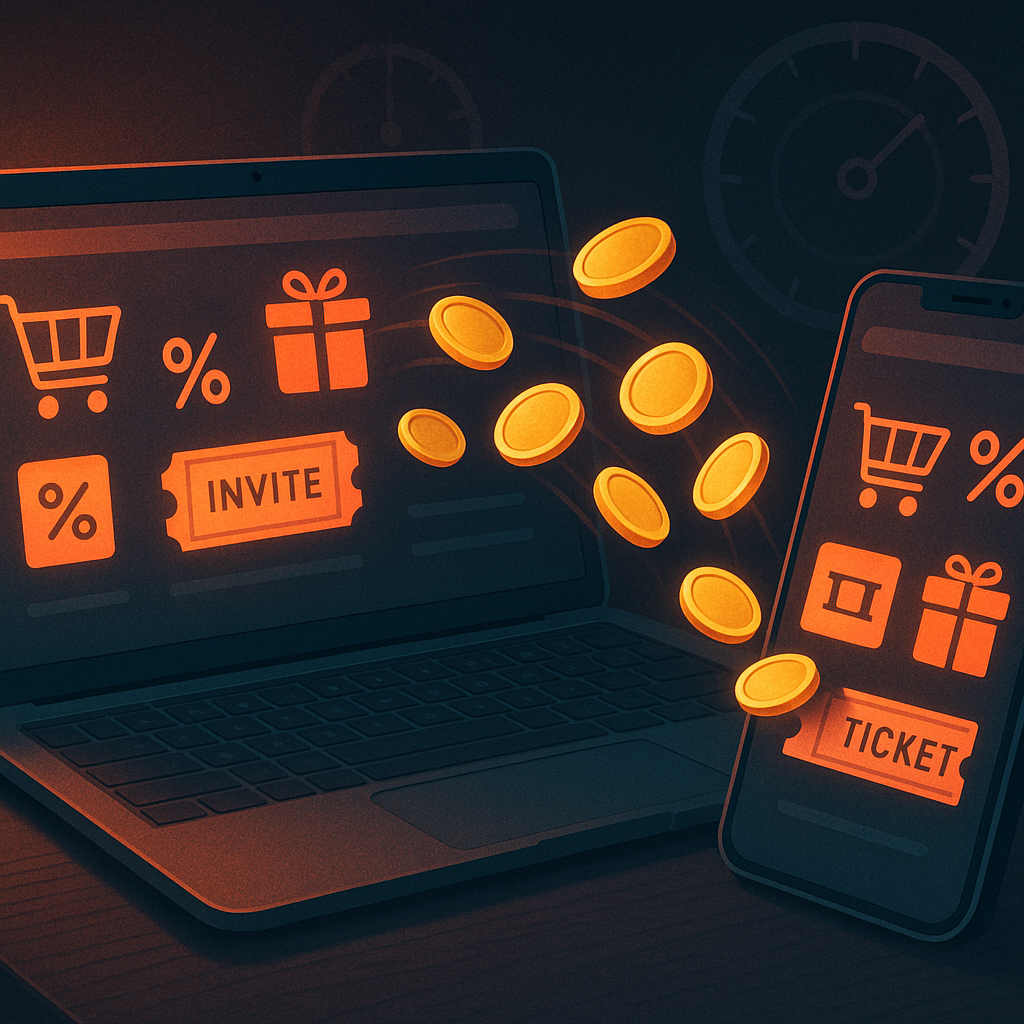 Laptop and smartphone screens covered in cart, % sale, gift, and INVITE/TICKET icons while golden coins jump between them—Rakuten, Amazon, and EC-site campaigns converting points into Switch2 lottery power, thrilling cashback rush