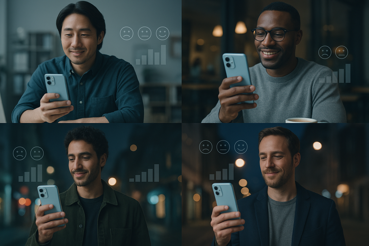 Four diverse men in different scenes happily using the same mist-blue smartphone, subtle rating icons floating beside them—real-world satisfaction, social proof vibes, calm confidence and growing popularity