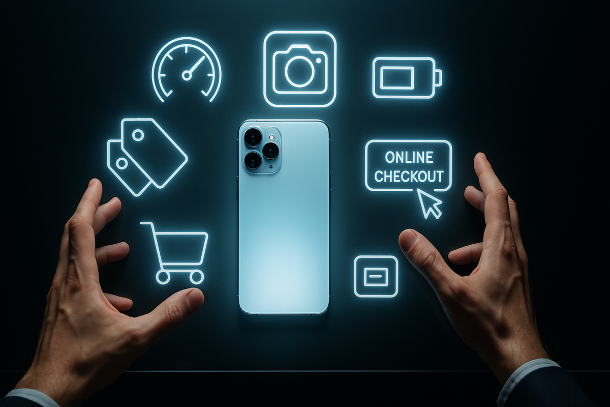 Misty blue smartphone glowing on a dark desk, surrounded by neon icons for speed, camera, battery, price tags, cart and online checkout—powerful specs, smart pricing, irresistible urge to buy right now