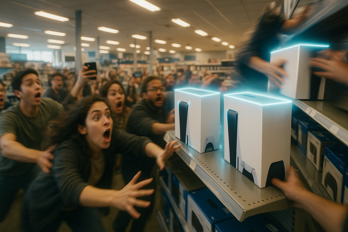 Panic rush inside an electronics store as glowing next-gen console boxes appear on the shelf—crowd of shoppers screaming, reaching with phones in hand, chaotic motion blur, shock and FOMO energy of a sudden Switch2 restock  