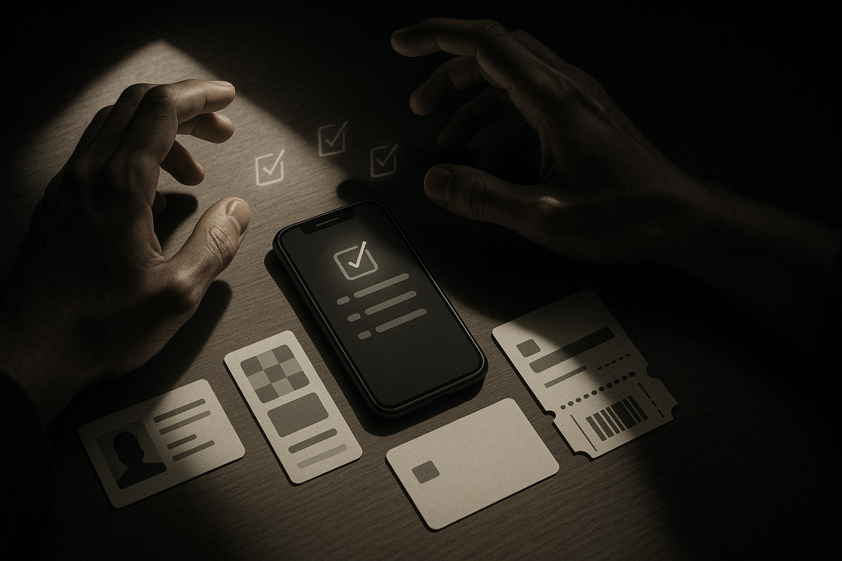 Moody overhead desk shot with hands hovering nervously over a smartphone checklist, ID card, loyalty card, credit card, and ticket—tight spotlight, heavy shadows, tense pre-purchase ritual for meeting strict Switch2 store conditions  