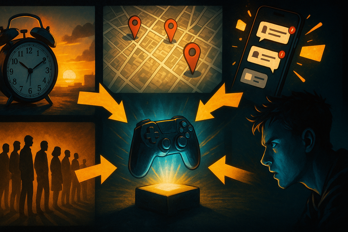 Strategy-board style illustration showing alarm clock at dawn, city map pins, notification-packed smartphone, long queue silhouettes, and a glowing game controller at the center—arrows converging like a battle plan, intense focus to secure a scarce Switch2  