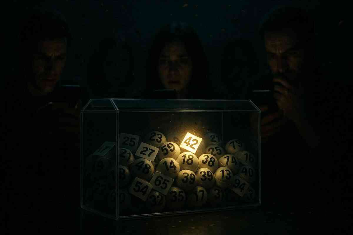 Dark lottery scene with anxious faces lit only by their phones and a glass box of numbered balls—one glowing winning ticket shining in the center, suspenseful atmosphere of抽選 sales and fragile hope to win the chance to buy a Switch2  