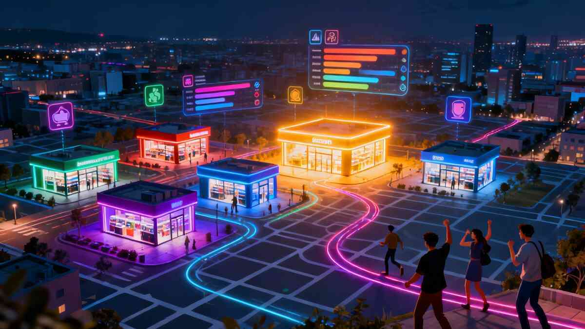 Vibrant night city from above with multiple neon-lit electronics stores connected by glowing paths—floating comparison dashboards over each shop, friends cheering as they choose the best route, data-driven excitement for finding the strongest Switch2 deal  