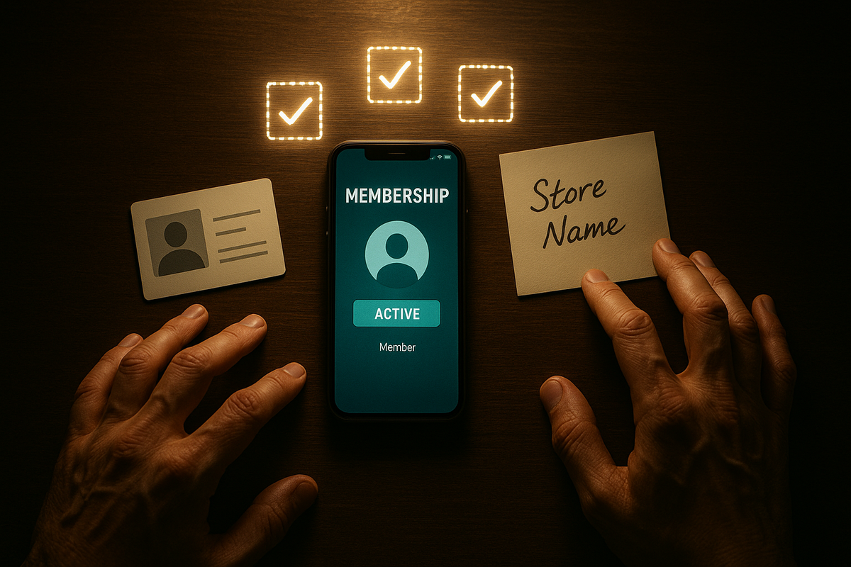 Moody desk scene with smartphone showing “MEMBERSHIP ACTIVE,” ID card, and sticky note labeled store name—careful hands framing the screen, glowing checkmarks in the air, tense but hopeful preparation to qualify for an in-store Switch2 purchase  