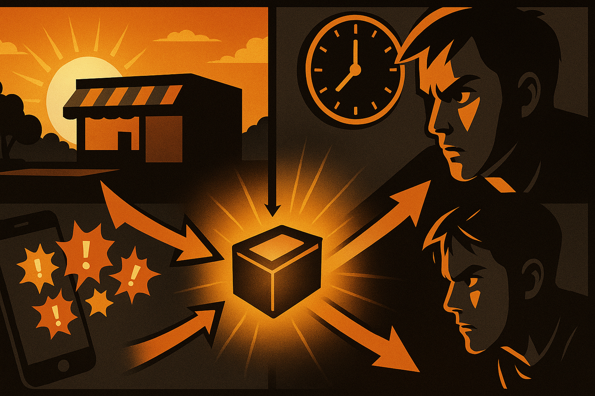 Stylized orange strategy illustration—sunrise over a game shop, ticking clock, smartphone exploding with alert icons, and arrows converging on a glowing console-shaped box—focused gamer faces on the side, battle-plan energy for timing a surprise Switch2 drop  