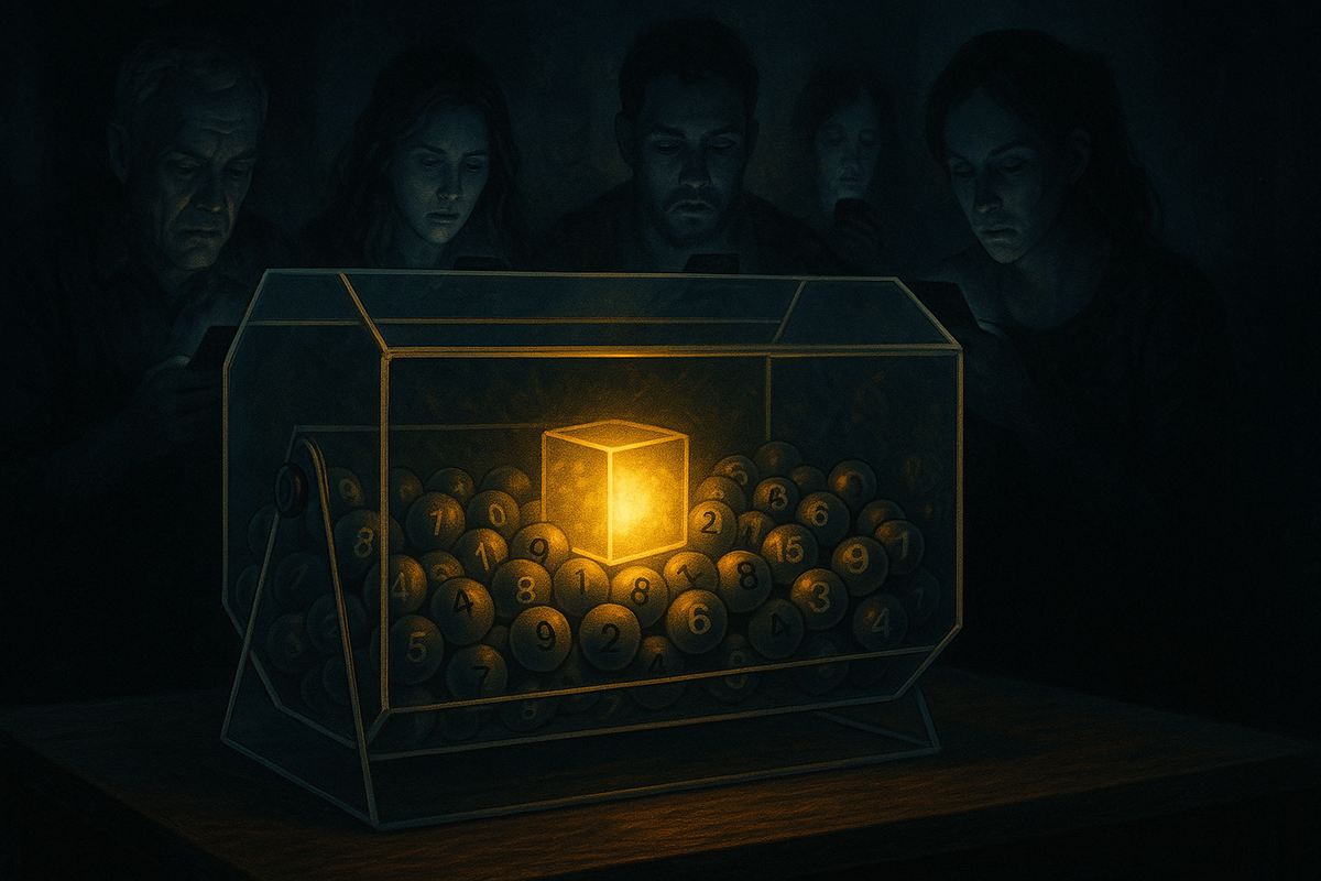 Dark lottery room with a transparent raffle box packed with numbered balls and one glowing cube at the center—people in the background staring at their phones, heavy suspense and fragile hope around a limited Switch2抽選 result  