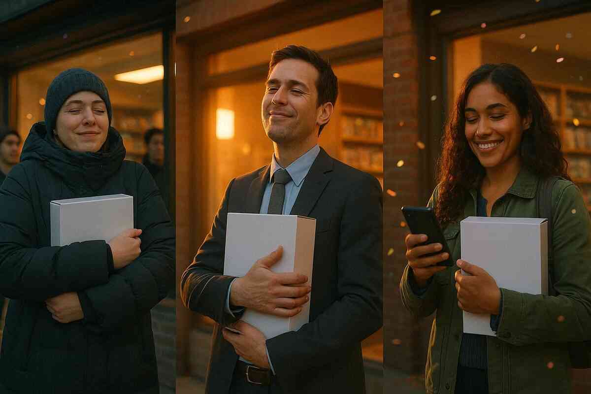 Triptych of three happy shoppers outside a warm-lit game shop, each hugging a plain console box—eyes closed in relief, soft sunset glow, floating confetti—real-world Switch2 winners savoring the moment after a long, emotional hunt  
