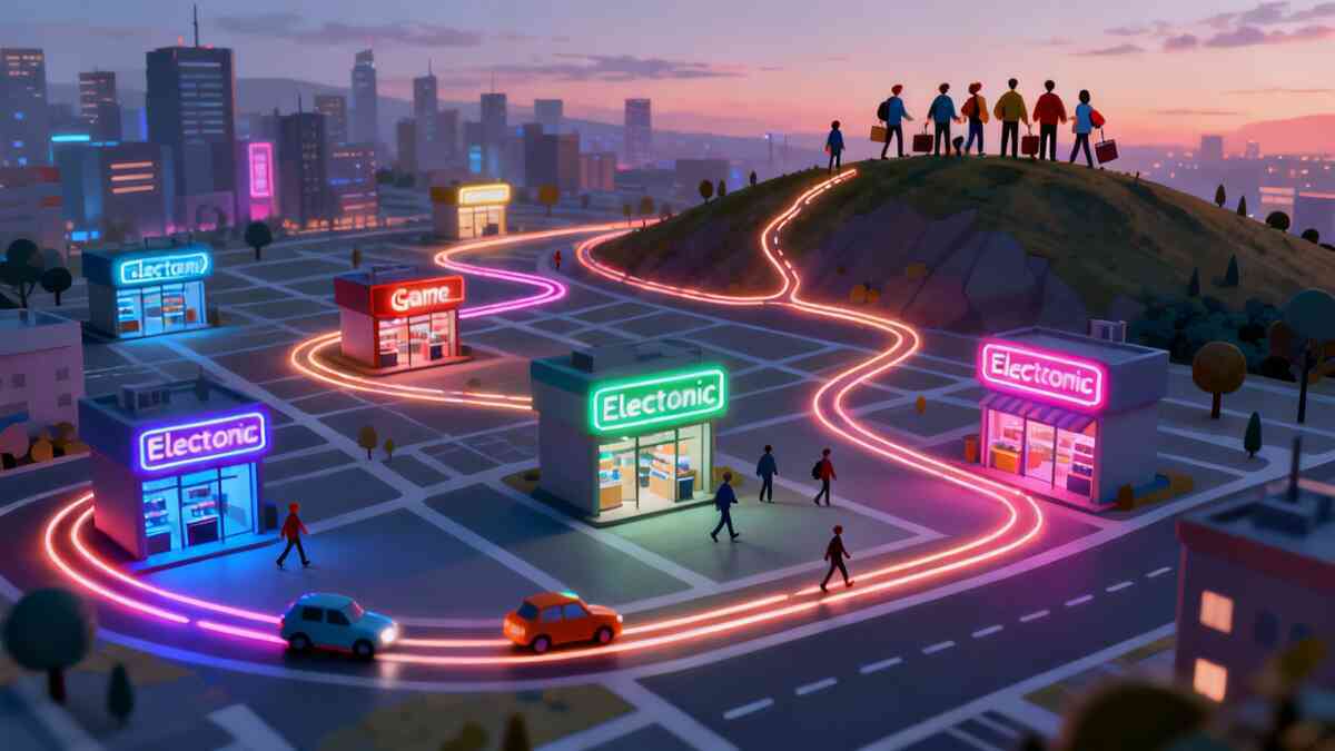 Playful dusk city map with neon paths winding between multiple small electronics and game shops—tiny cars and shoppers moving along the glowing route, group of friends watching from a hill—optimistic fastest-route journey to secure a scarce Switch2 in one epic day  