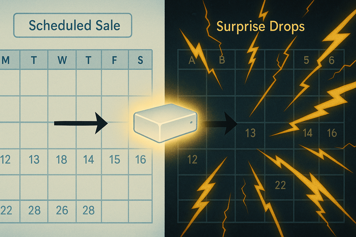 Split calendar showing calm “Scheduled Sale” on one side and chaotic “Surprise Drops” on the other—lightning bolts blasting random dates around a glowing console box, visual shock of guerrilla Switch2 restocks, exciting but unpredictable  