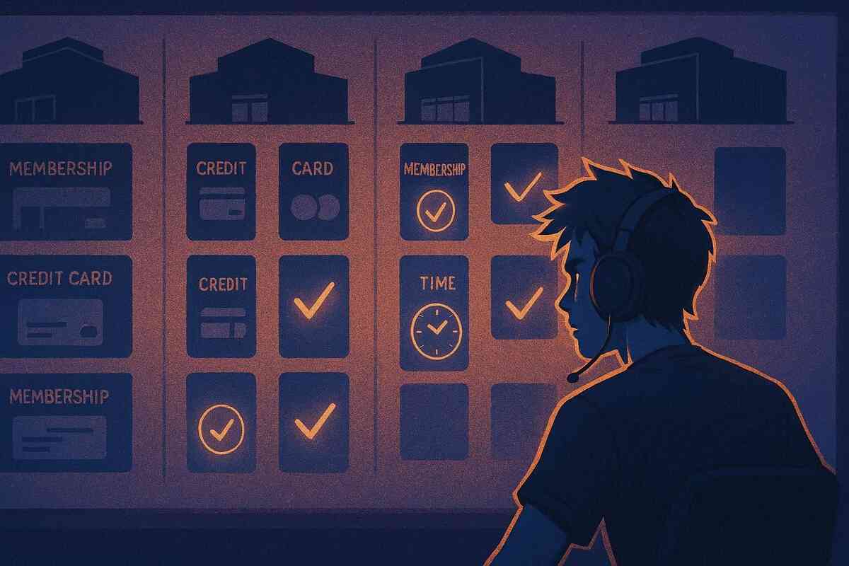Headset gamer silhouette staring at a huge comparison board of electronics stores—membership, credit card, and time-slot icons lighting up with checkmarks, strategic war-room mood for choosing the best place and timing to grab a Switch2  