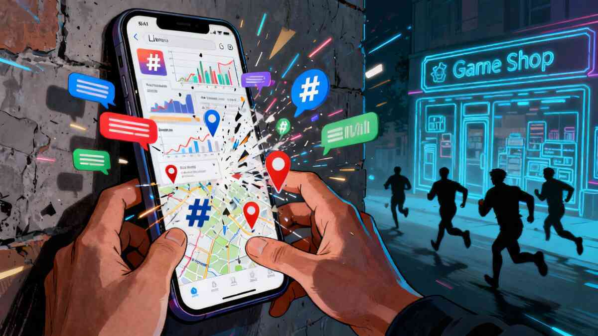 Hands gripping a smartphone exploding with hashtags, chat bubbles, charts, and map pins while silhouettes sprint toward a neon-lit game shop—SNS stock-alert chaos, real-time Switch2 intel, fear-of-missing-out adrenaline  