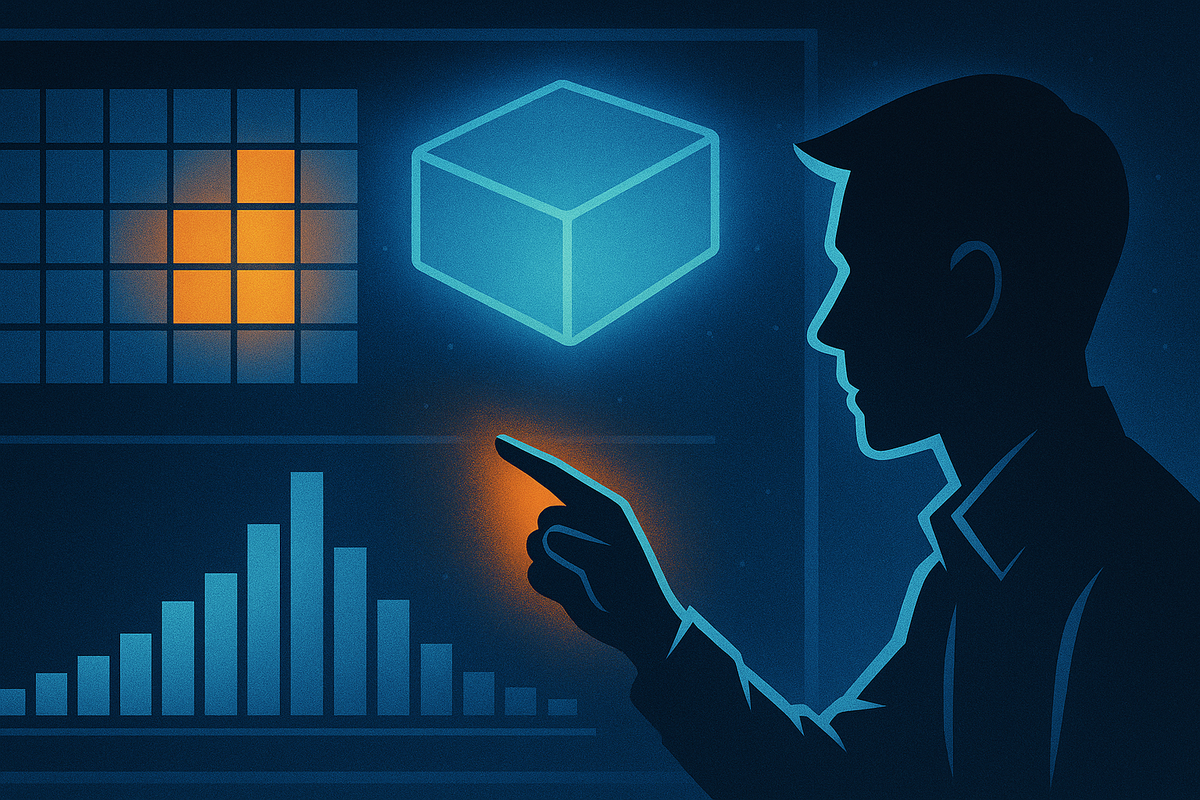 Analyst silhouette pointing at glowing charts and a floating console-shaped cube—heatmap of hot days, bar graph of success rates, deep-blue data dashboard revealing hidden patterns in Switch2 surprise restocks  