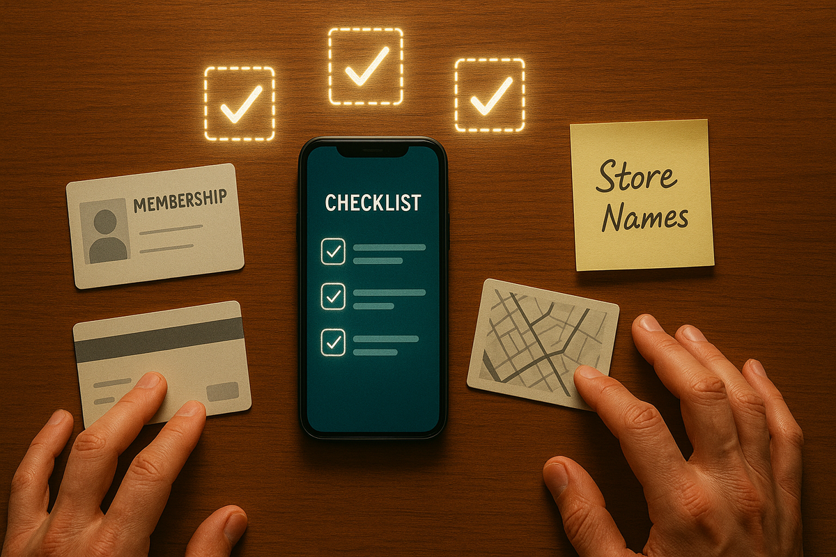 Warm wooden desk with smartphone checklist app, membership card, credit card, sticky note of store names, and small map card—every item ticked off with glowing checkmarks, calm-before-the-storm feeling of perfect Switch2 hunt preparation  