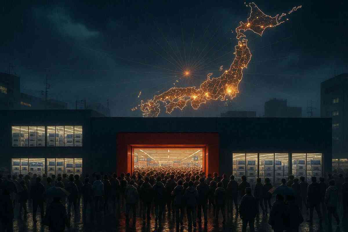 Rainy night crowd packed in front of a glowing Japanese electronics store, golden Japan map lighting up in the sky—nationwide Switch2 restock fever, festival-like hype and overwhelming FOMO energy