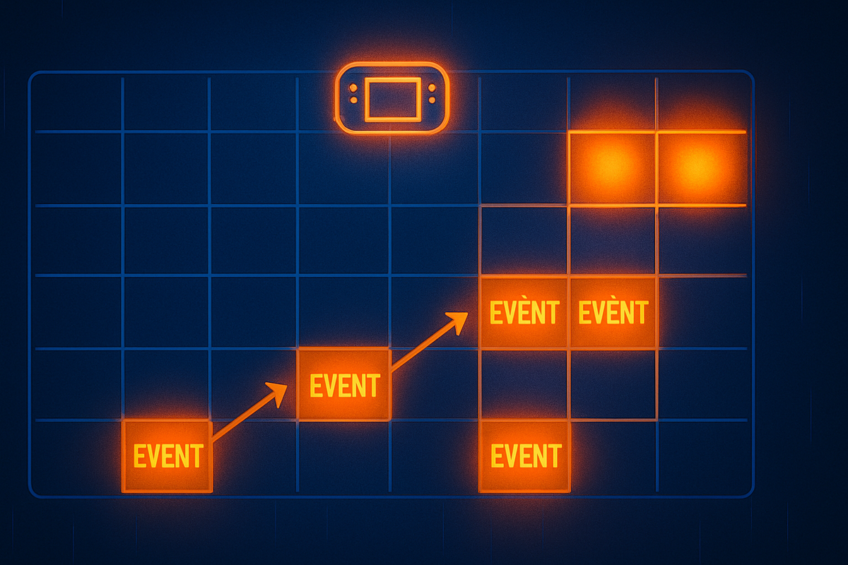 Neon calendar grid with “EVENT” squares climbing upward toward a glowing console icon—visual timeline of Switch2 drop days, weekend and holiday hot spots, predictive pattern you can actually feel