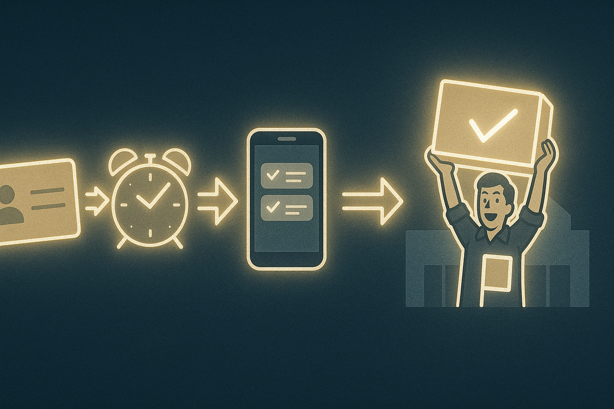 Simple golden flowchart from ID card → alarm clock → smartphone checklist → smiling shopper raising a console box—easy, hopeful step-by-step path to secure a legit Switch2 without panic