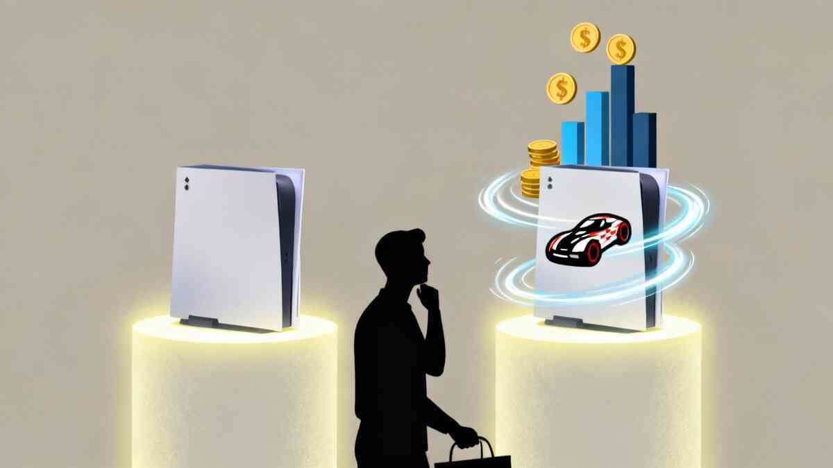 Shopper silhouette hesitating between a plain next-gen console on one pedestal and a racing-game bundle wrapped in coins and value bars on another—emotional tug-of-war between safe choice and ultra-rewarding bundle
