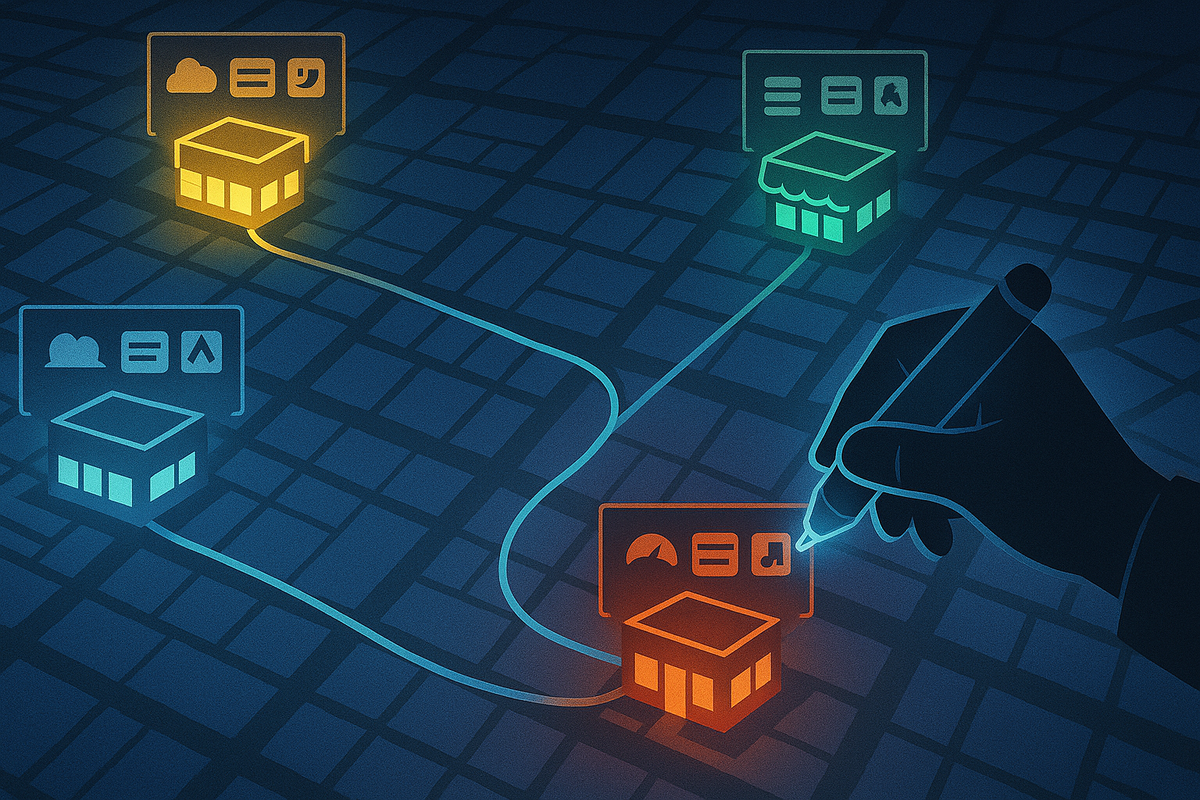 Night city map with multiple game shops glowing in different colors, a hand drawing a connected route between them—strategic multi-store hunting plan for Switch2, smart, efficient and a little bit adventurous