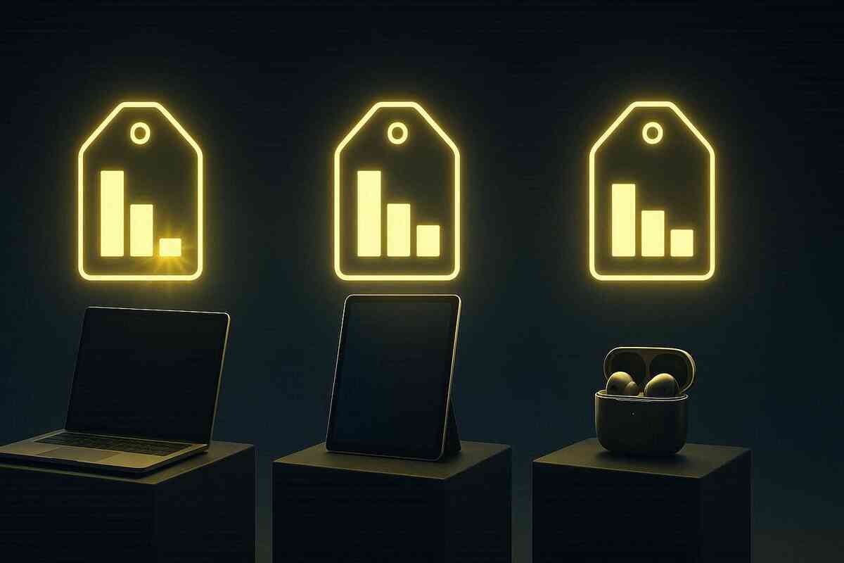 Sleek laptop, tablet, and wireless earbuds on dark pedestals beneath neon price-tag icons shaped like bar charts—side-by-side Apple discount comparison, calm analytic mood, hunt for the biggest saving