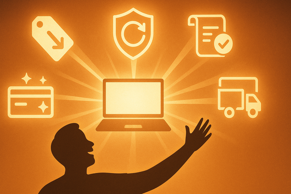 Radiant laptop in the center with beams reaching to icons for price cuts, return shield, contract check, reward card, and delivery truck—celebrating Costco Apple perks,安心感, safe bargain joy